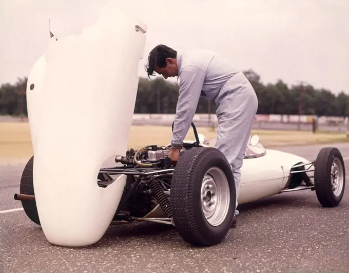 1960S 1970S Man Mechanic Hood Up White Sports Race Racing Car Work Working On Engine