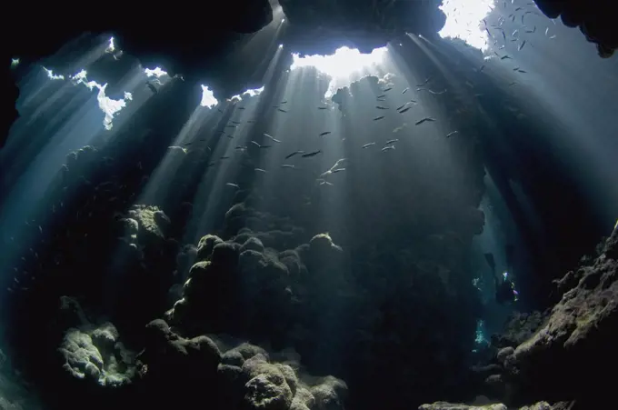 Sunlight coming into underwater cave, Red Sea, Egypt