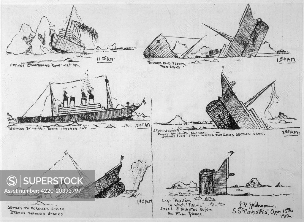 A Sequence Of Illustrations Showing The Sinking Of The Titanic Sketched By Survivor John B Thayer Jr Known As Jack The Son Of John B Thayer Second Vice President Of The Pennylvannia Railroad