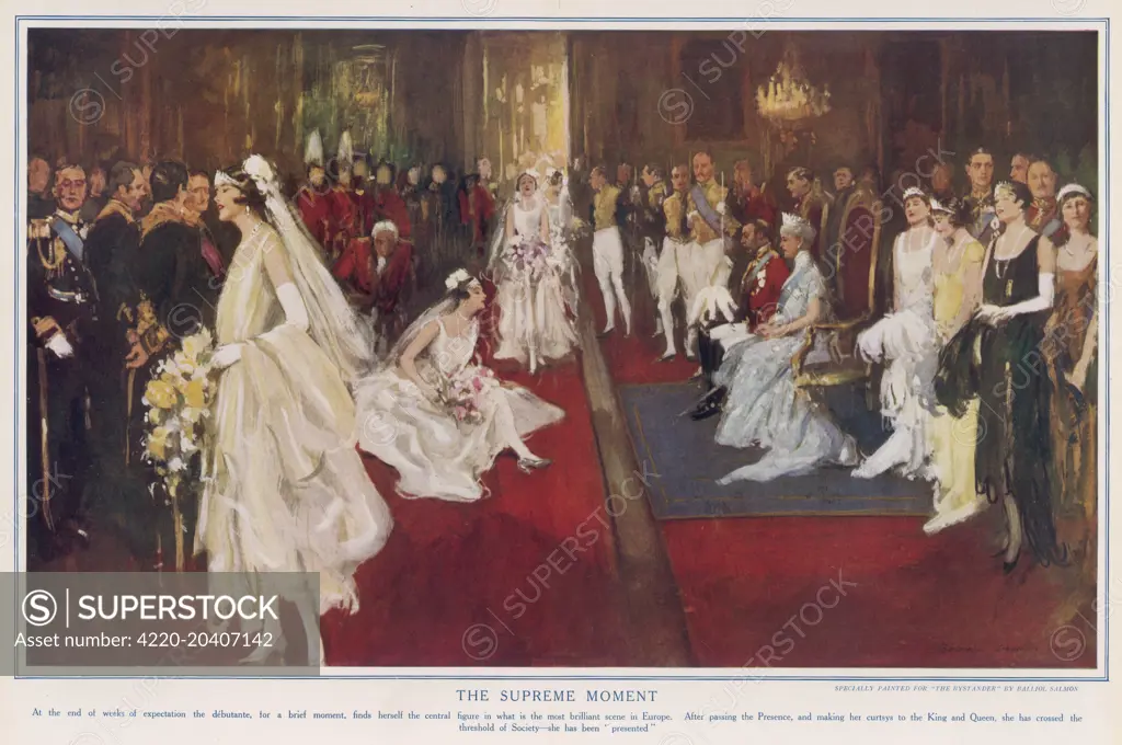 Debutantes, clad in their finery curtsey to King George V and Queen Mary  during a court presentation. Thus they are launched into  "Society". Date: 1928 - SuperStock