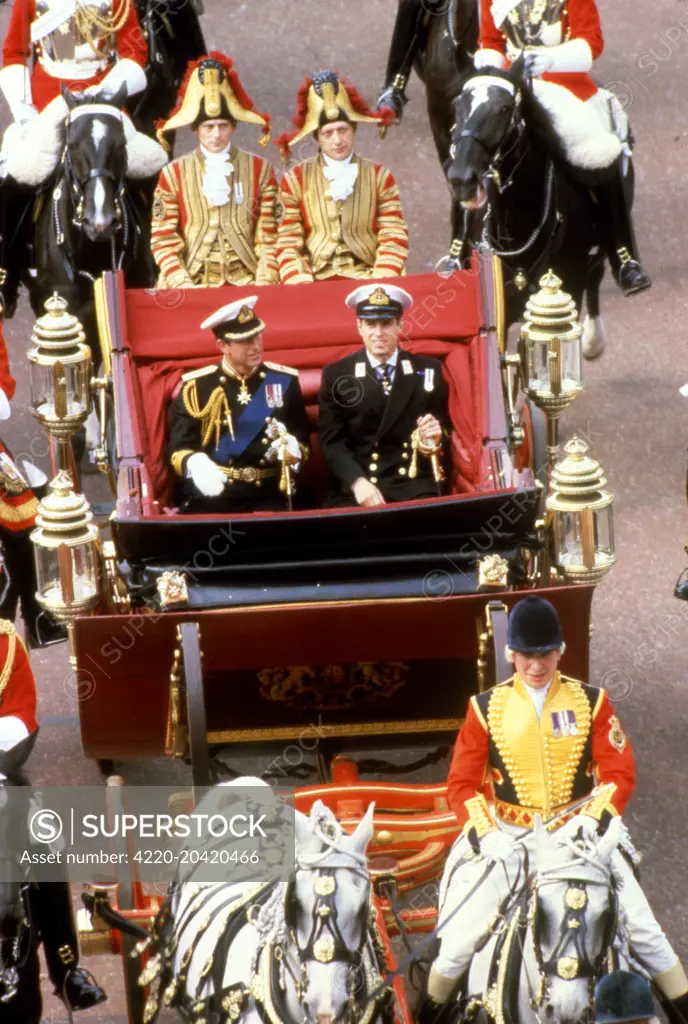 Prince Charles and his brother, Prince Andrew on their way to St. Paul's Cathedral in the City of London for Charles's marriage to Lady Diana Spencer on 29th July 1981.      Date: 1981