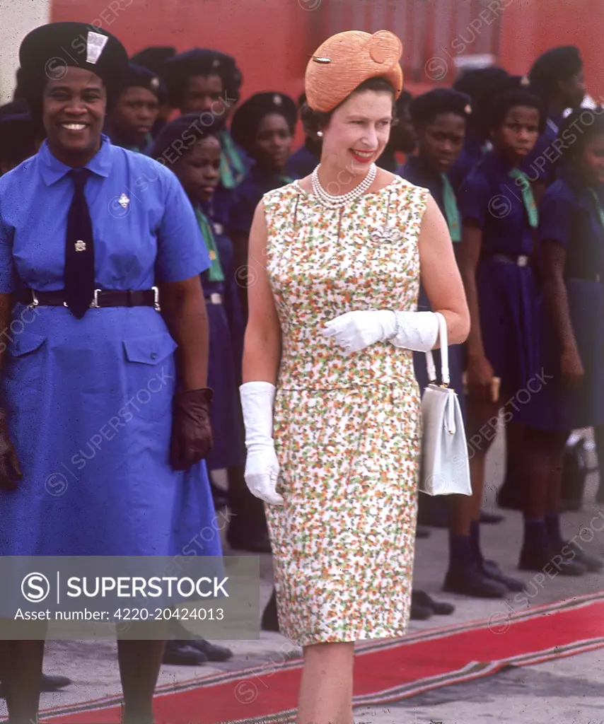 Queen Elizabeth II on a walk about in St. Kitts during her five week tour of the West Indies in 1966.     Date: 1966