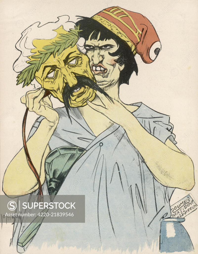 A German cartoon showing the mask of peace worn by the French during the  Locarno Treaties. Date: 1925 - SuperStock