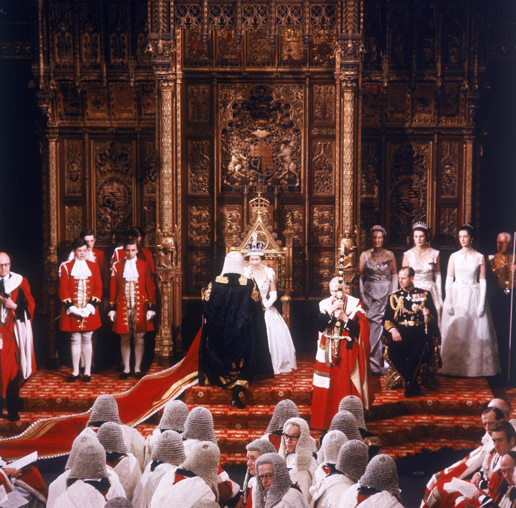Queen Elizabeth II in full regalia at the State Opening of Parliament in 1964.     Date: 1964