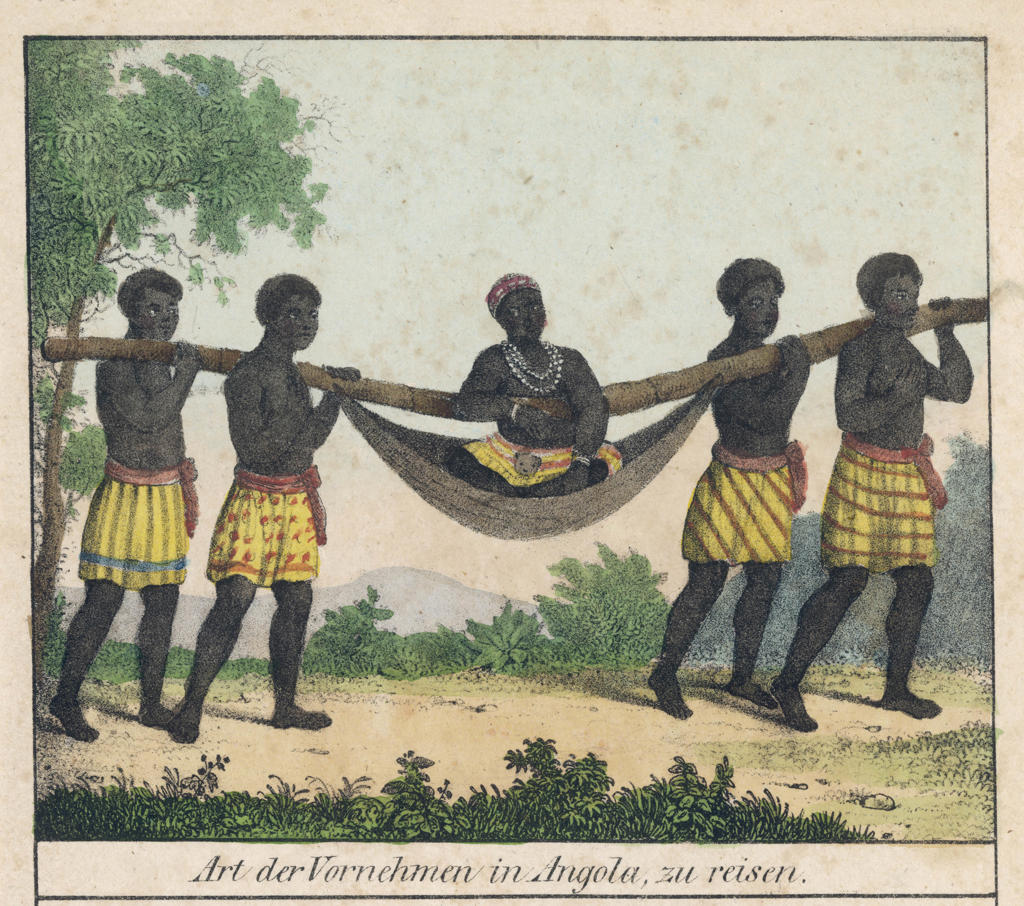 A well-to-do person of Angola  is carried in a four-man  litter.        Date: 1836