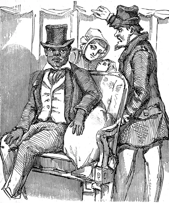 Engraving showing a well dressed black man being forcibly ejected from a seat on the train by the guard, Philadelphia, USA, 1856.     Date: 1856