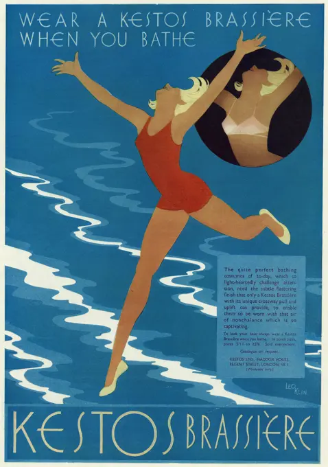 Advertisement for Kestos lingerie, showing a carefee woman in a swimming costume.     Date: 1932