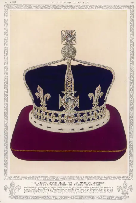 The crown made for Queen Elizabeth, the Queen Mother, on the coronation of King George VI when she was Queen Consort. The crown was made by Messrs. Garrard, and mounted in platinum. The foundation is a circlet used by Queen Victoria for court functions, and the Koh-i-Noor diamond is set in the front cross-pat&#x9960;springing from it. A drop-brilliant from the Treasury of Lahore, presented to Queen Victoria by the East India Company, is set in the top cross-pat&#x996e;     Date: 1937