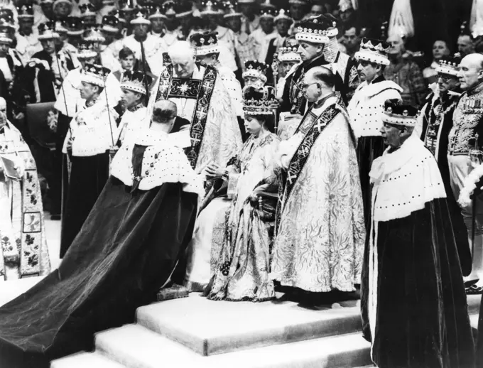 Coronation of Queen Elizabeth II on 2 June 1953 in Westminster Abbey showing the Duke of Edinburgh paying homage.       Date: 1953