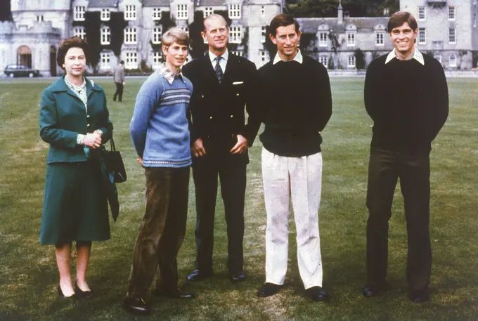 Queen Elizabeth II and family.  From left, the Queen, Prince Edward (Earl of Wessex), Prince Philip, Duke of Edinburgh, Prince Charles, Prince of Wales and Prince Andrew, Duke of York.     Date: c.1977