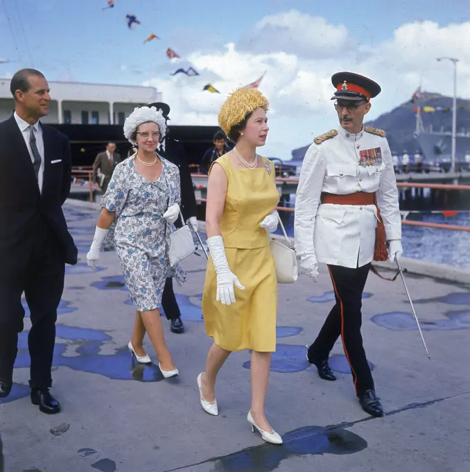 Queen Elizabeth II during her West Indies tour of 1966, probably in St. Vincent.     Date: 1966