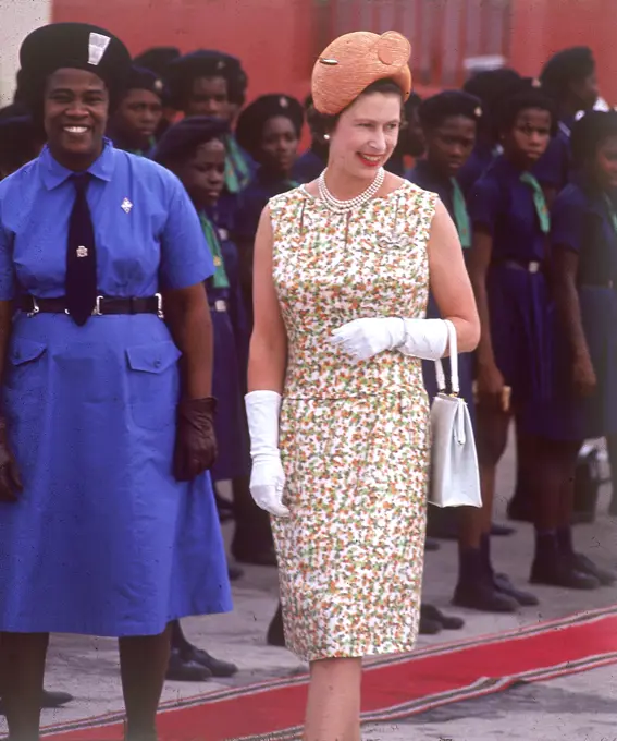 Queen Elizabeth II on a walk about in St. Kitts during her five week tour of the West Indies in 1966.     Date: 1966