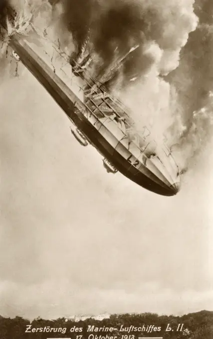 LZ 18 Zeppelin - Naval Airship L2 - Crashing to ground with the loss of 27 lives. The largest zeppelin ever built at 160 metres long. Launched September 9th 1913, only to crash on 17th October of the same year.     Date: 1913