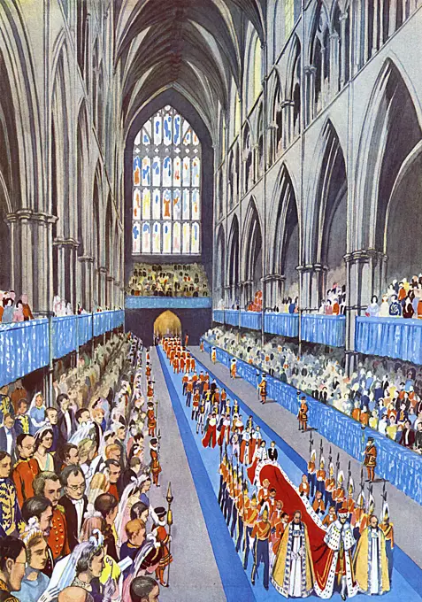 An artist's impression of the first stage of the Coronation ceremonial procession on 12th May 1937 as King George VI passes up the nave of Westminster Abbey from the West Door, his Royal Crimson Robe of State contrasting with the blue carpet on which he treads, 173 ft long, made in one piece by Glasgow workers.     Date: May 1937