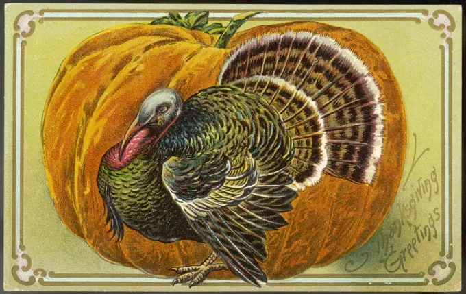 A turkey and a pumpkin represent Thanksgiving (Fourth Thursday in November)    Date: 1907