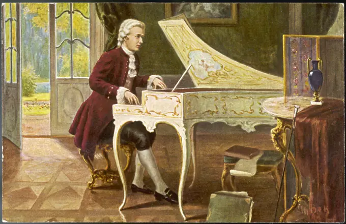 WOLFGANG AMADEUS MOZART  the Austrian composer playing  an ornate harpsichord       Date: 1756 - 1791