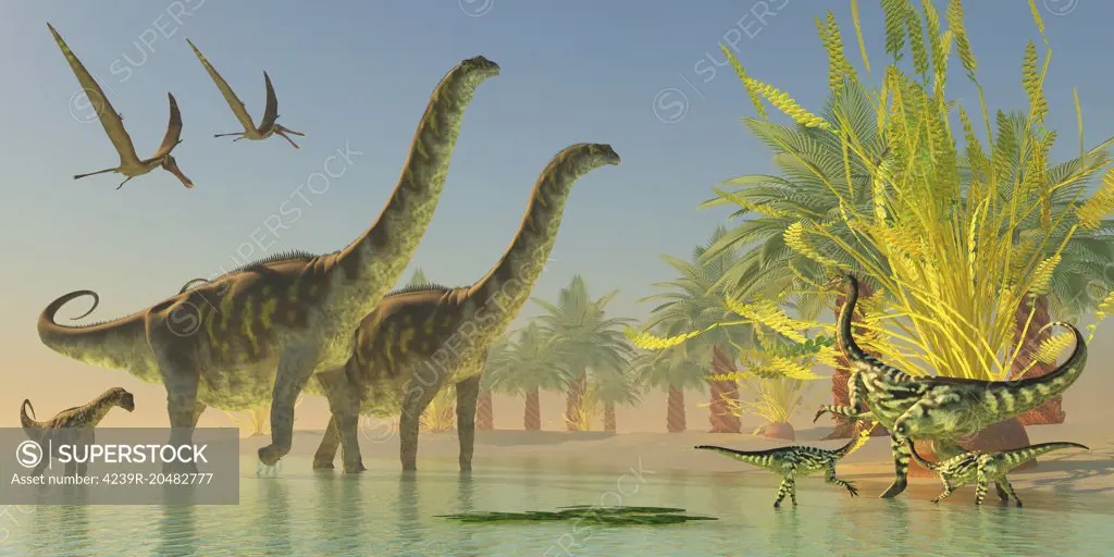 A mother Deinocheirus dinosaur and two Anhanguera pterosaurs watch as Argentinosaurus make their way through swallow lake waters.