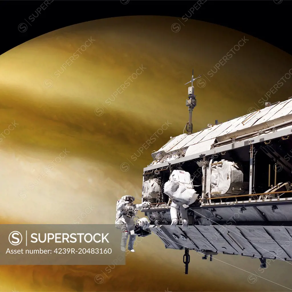 An artist's depiction of a team of astronauts performing work on a space station while orbiting a large alien planet. 