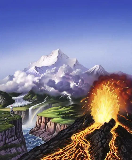 A montage of some of Earth's features including a volcano, river, storm and mountains.