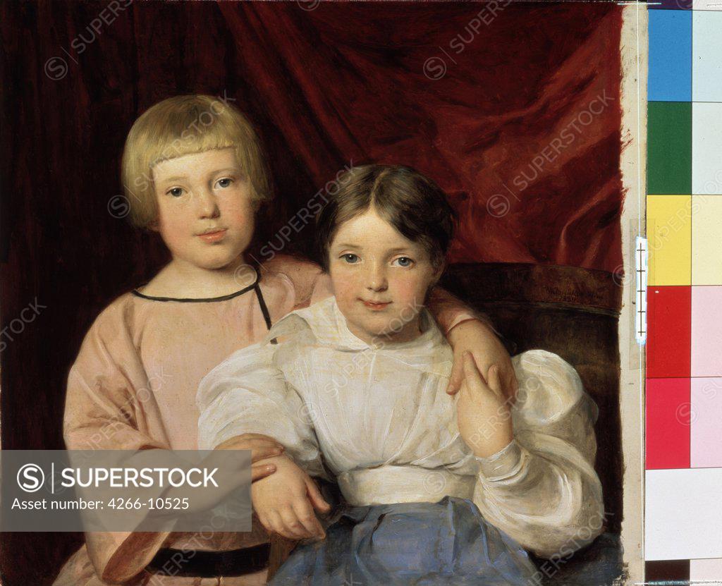 Stock Photo: 4266-10525 Portrait of girls by Ferdinand Georg Waldmuller, oil on wood, 1834, 1793-1865, Russia, St. Petersburg , State Hermitage, 25x31