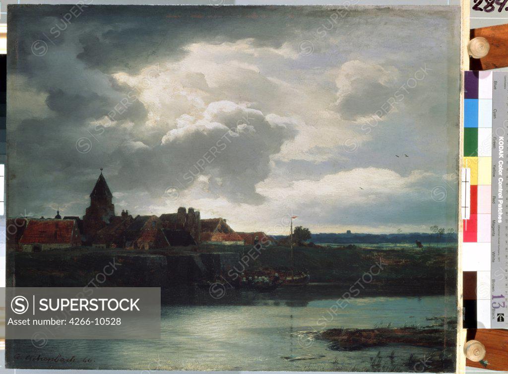 Stock Photo: 4266-10528 Townscape with river by Andreas Achenbach, oil on canvas, 1866, 1815-1910, Russia, St. Petersburg, State Hermitage, 51x62, 5