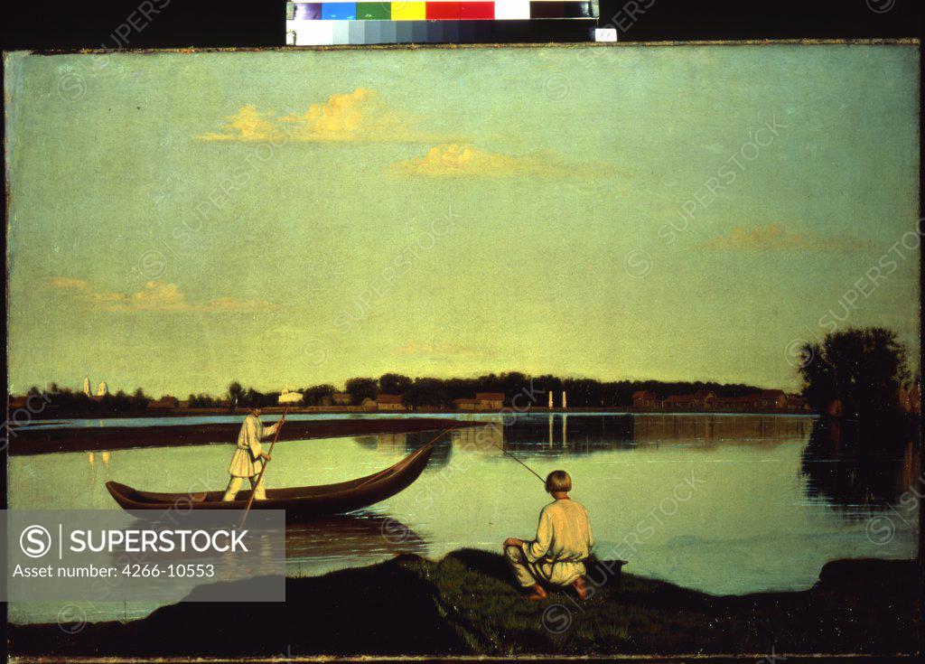 Stock Photo: 4266-10553 Landscape with rowing man and fishing boy by anonymous painter, painting, Russia, St. Petersburg, State Russian Museum, 67x102