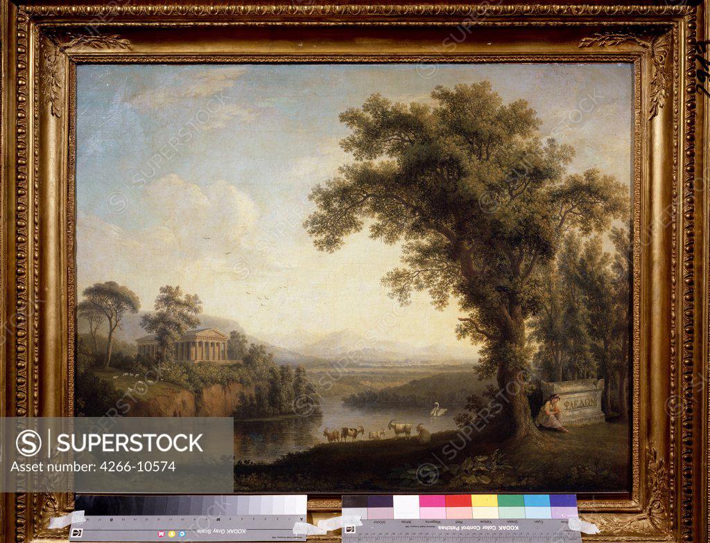 Stock Photo: 4266-10574 Landscape with river by Jacob Philipp Hackert, oil on canvas, 1785, 1737-1807, Russia, Moscow, State Pushkin Museum of Fine Arts, 65, 5x89