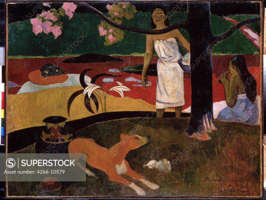 Stock Photo: 4266-10579 Tahiti landscape with young girls and dog by Paul Eugene Henri Gauguin, oil on canvas, 1892, 1848-1903, Russia, St Petersburg, State Hermitage, 87, 5x113, 7