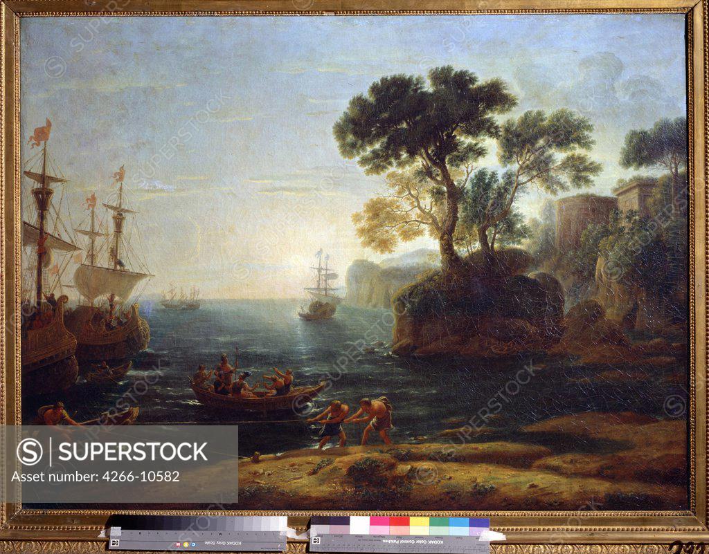 Stock Photo: 4266-10582 Greeks landing on Trojan shore by Claude Lorrain, oil on canvas, 1600-1682, Russia, Moscow, State A. Pushkin Museum of Fine Arts, 101x136