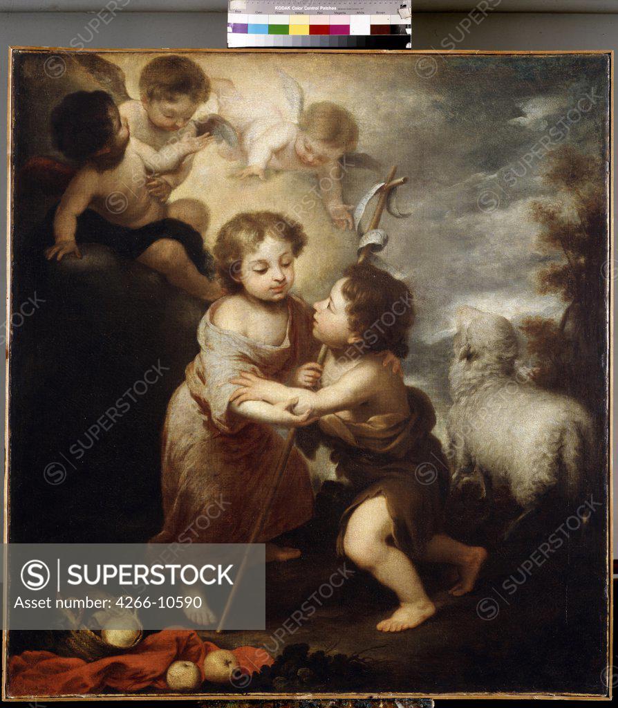 Stock Photo: 4266-10590 Jesus Christ and John the Baptist as children by Bartolome Esteban Murillo, oil on canvas, 1655-1660, 1617-1682, Russia, St Petersburg, State Hermitage, 124x115