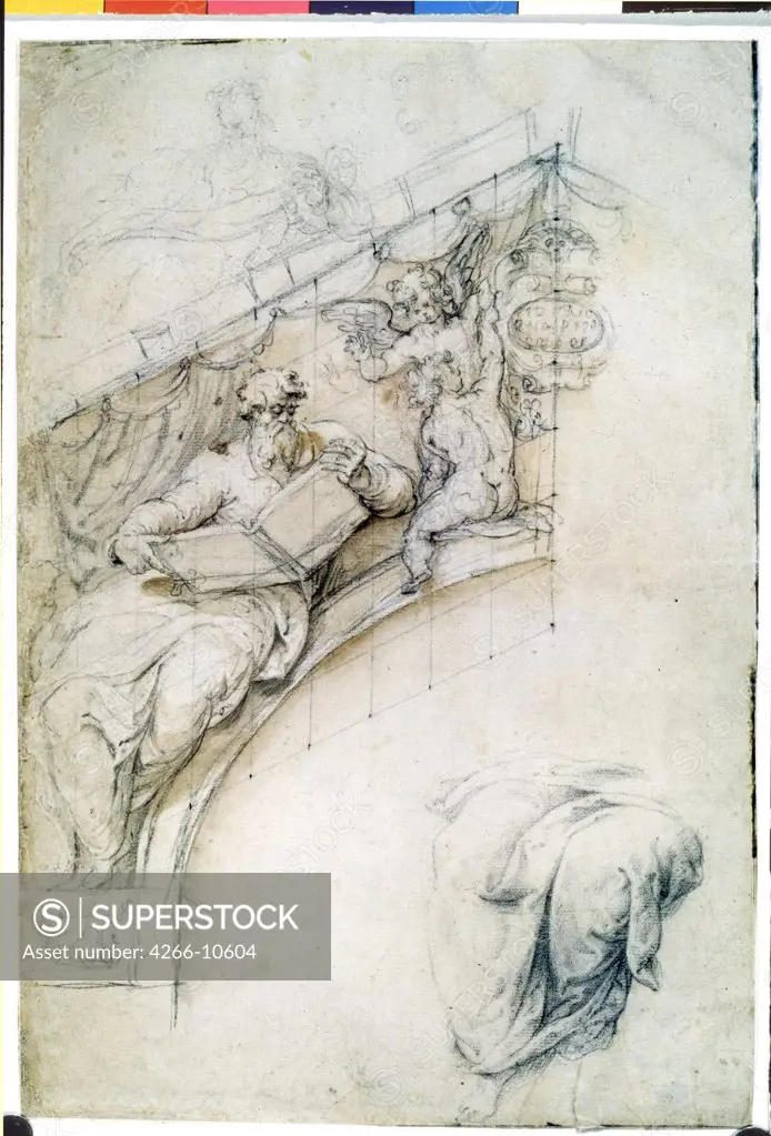 Prophet and angel by Perino del Vaga, black chalk and sanguine on paper, circa 1525, 1501-1547, Russia, Moscow, State Pushkin Museum of Fine Arts, 36, 2x24, 4