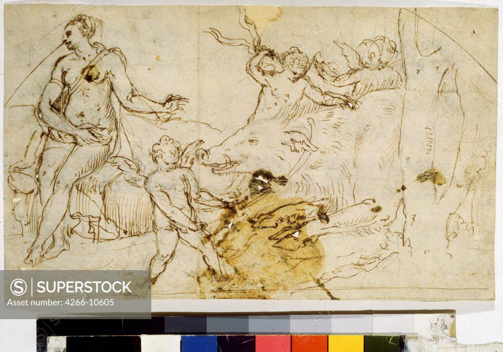Stock Photo: 4266-10605 Mythological scene by Perino del Vaga, pen, brown Indian ink on paper, 1501-1547, Russia, Moscow, State Pushkin Museum of Fine Arts, 14, 3x23, 3