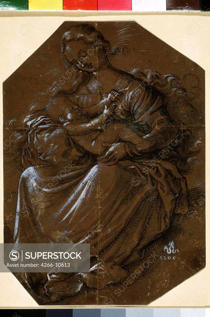 Stock Photo: 4266-10613 Virgin Mary and Jesus Christ by Hans Baldung, pen, brush, white and gold colors on brown paper, 1484-1545, 16th century, Russia, Moscow, State Pushkin Museum of Fine Arts, 18, 6x13, 2