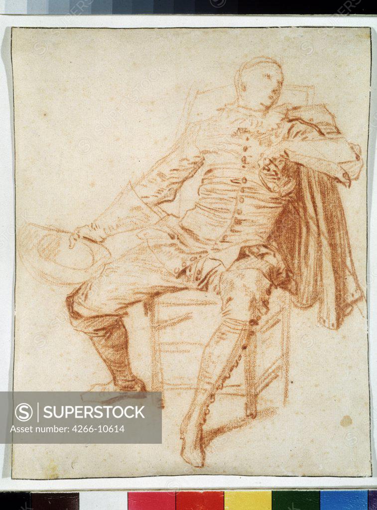 Stock Photo: 4266-10614 Stage costume project by Jean Antoine Watteau, sanguine on paper, 1684-1721, Russia, Moscow, State Pushkin Museum of Fine Arts, 21, 5x17, 2