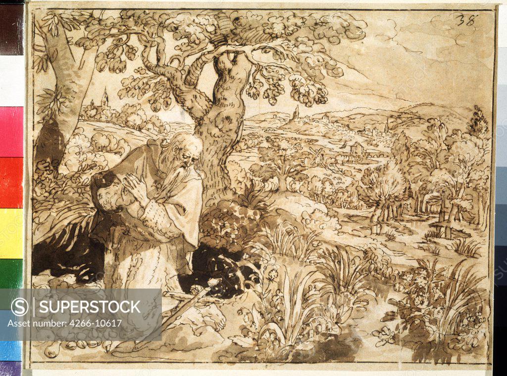 Stock Photo: 4266-10617 Hermitage by Maerten de Vos, pen, brush, grey paper, 1585-1586, 1532-1603, Russia, Moscow, State Pushkin Museum of Fine Arts, 16, 2x20, 8
