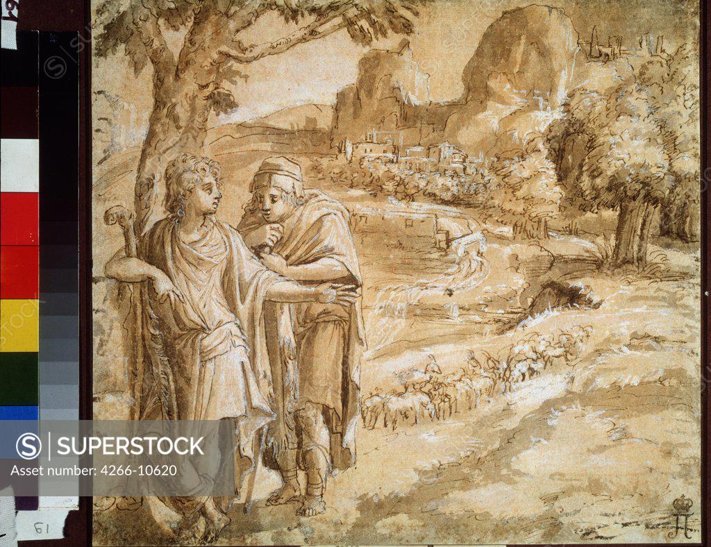 Stock Photo: 4266-10620 Landscape with two shepherds by Pirro Ligorio, pen, brush, watercolor, Indian ink on paper, circa 1550, 1510-1583, Roman School, Russia, Moscow, State Pushkin Museum of Fine Arts, 23, 5x25, 8