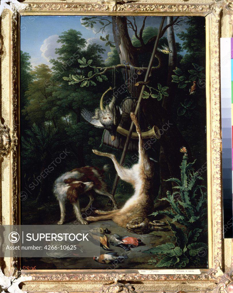 Stock Photo: 4266-10625 Hunting by Peeter Gysels, oil on wood, 1621-1691, 17th century, Russia, Moscow, State A. Pushkin Museum of Fine Arts, 47x35, 5