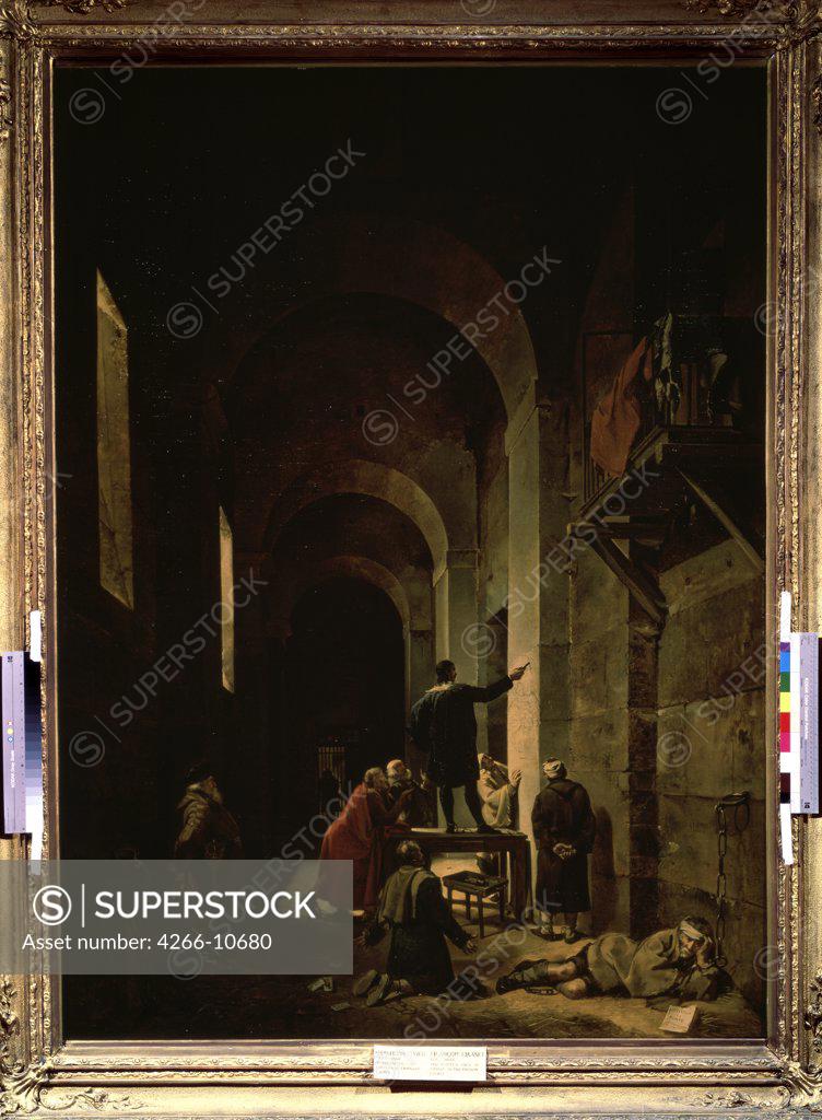 Stock Photo: 4266-10680 Painter Jacques Stella in prison by Francois Marius Granet, oil on canvas, 1810, 1775-1849, Russia, Moscow , State A. Pushkin Museum of Fine Arts, 194x144
