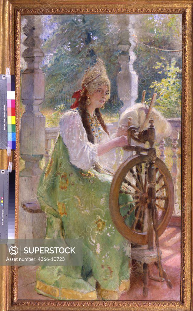 Stock Photo: 4266-10723 Spinning girl by Konstantin Yegorovich Makovsky, circa 1890, Oil on canvas, 1839-1915, Russia, Moscow, State Tretyakov Gallery, 140x80