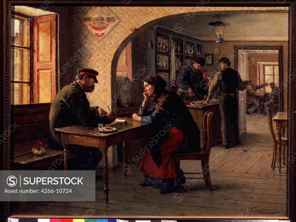 Stock Photo: 4266-10724 In tavern by Solomon Yakovlevich Kishinevsky, Oil on canvas, 1893, 1863-1941, Russia, Moscow, State Tretyakov Gallery, 72x94
