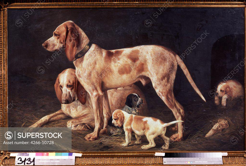 Stock Photo: 4266-10728 Dogs by Alexander Kirillovich Gorbunov, Oil on canvas, 1881, 1855-1912, Russia, Moscow, State Tretyakov Gallery, 91, 6x142, 9