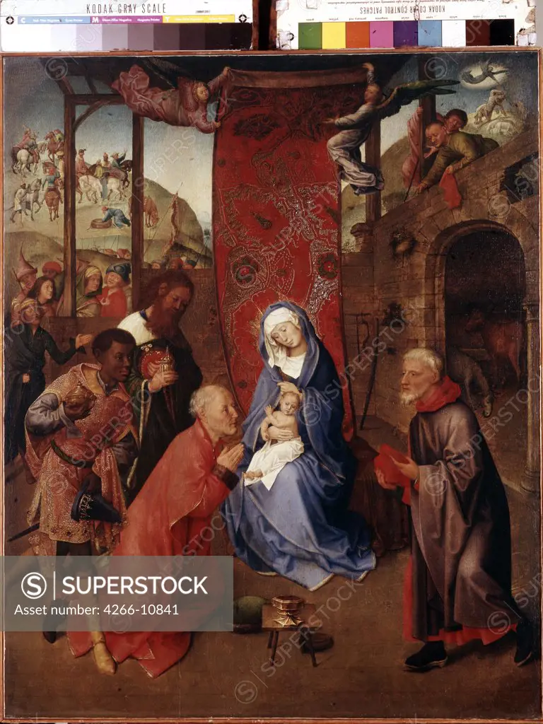 Adoration of Christ Child by Hugo van der Goes, oil on canvas, 1435-1482, 15th century, Russia, St. Petersburg, State Hermitage, 96, 3x77, 5
