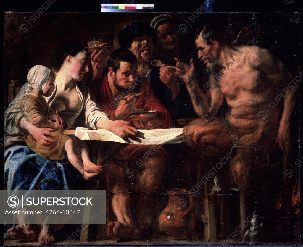 Stock Photo: 4266-10847 People at table by Jacob Jordaens, oil on canvas, circa 1622, 1593-1678, Russia, Moscow, State A. Pushkin Museum of Fine Arts, 153x205