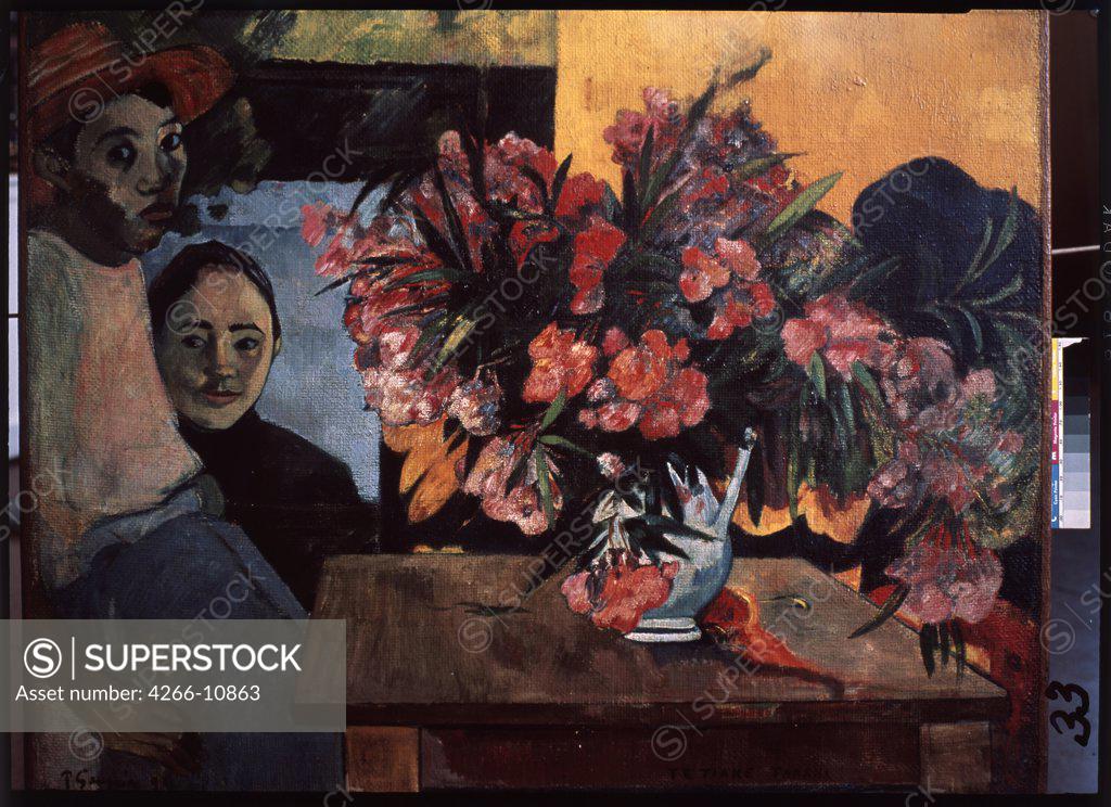Stock Photo: 4266-10863 Portrait of two people with bunch of flower by Paul Eugene Henri Gauguin, oil on canvas, 1891, 1848-1903, Russia, Moscow , State A. Pushkin Museum of Fine Arts, 72x92