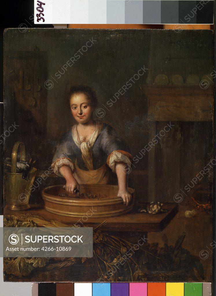 Stock Photo: 4266-10869 Woman preparing food by Louis de Moni, oil on wood, 1698-1771, 18th century, Lithuania, Kaunas , State M. Ciurlionis Art Museum, 24, 5x20