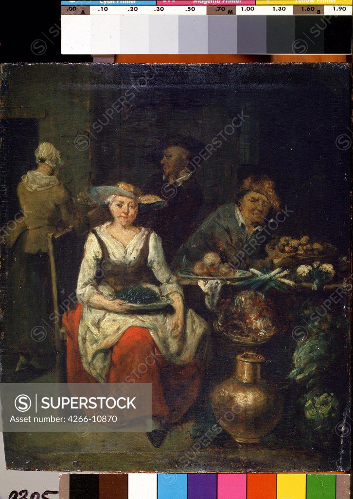 Stock Photo: 4266-10870 People sitting at table by Jan Baptist Lambrechts, oil on wood, 1680-1731, Lithuania, Kaunas , State M. Ciurlionis Art Museum, 24, 5x21