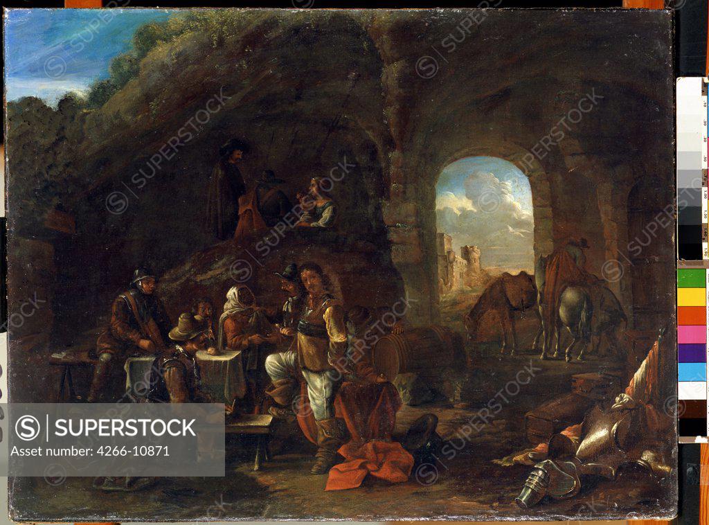 Stock Photo: 4266-10871 People sitting at table in cave by Philips Wouwerman, oil on wood, 1619-1668, 18th century, Lithuania, Kaunas, State M. Ciurlionis Art Museum, 48x63