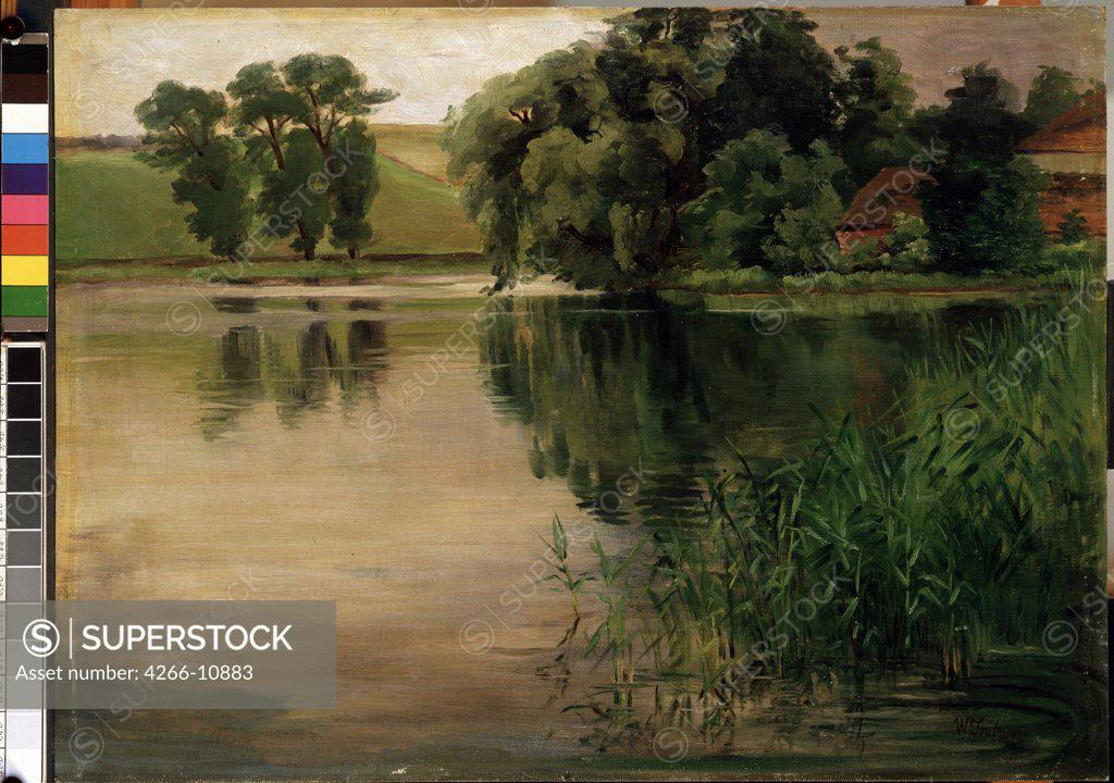 Stock Photo: 4266-10883 Landscape with lake by Heinrich Wilhelm Trubner, oil on canvas, 1851-1917, 19th century, Lithuania, Kaunas, State M. Ciurlionis Art Museum, 45x61