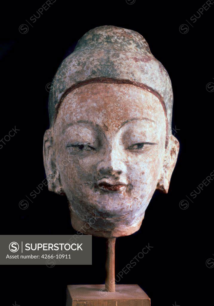 Stock Photo: 4266-10911 Head of chinese man, terracotta, 8th/9th century, Russia, St. Petersburg, State Hermitage, H 23
