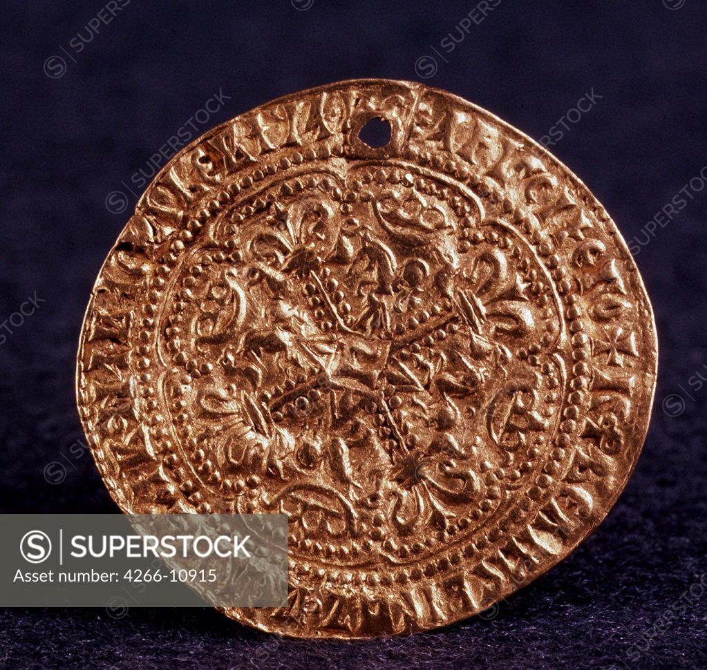 Stock Photo: 4266-10915 Russian coin, gold, 1471-1490, Moscow School, Russia, St Petersburg, State Hermitage, 3, 3